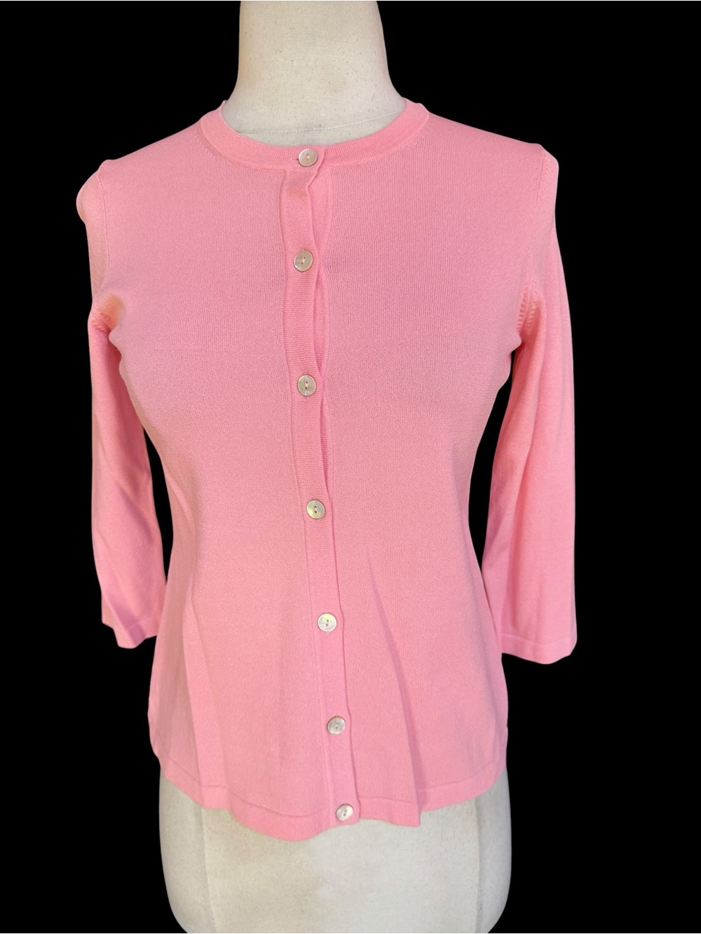 NWOT Lands’ End Fine Gauge Coral/Peach Crewneck 3/4 Sleeve Cardigan Sweater
